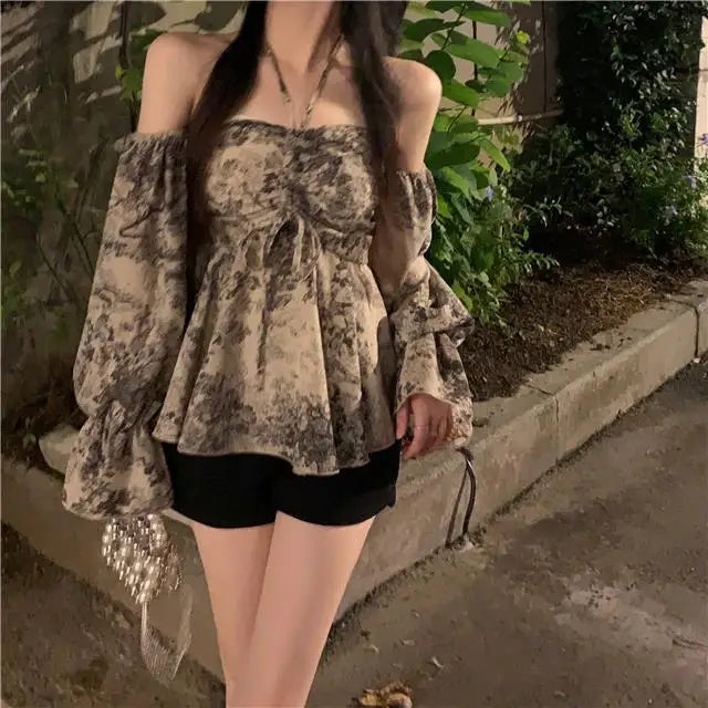 Women Sexy Off Shoulder Backless Halter Drawstring Blouse Spring Summer Trendy Print Chic Shirt Long Sleeve Slim Y2K Tops Blusas