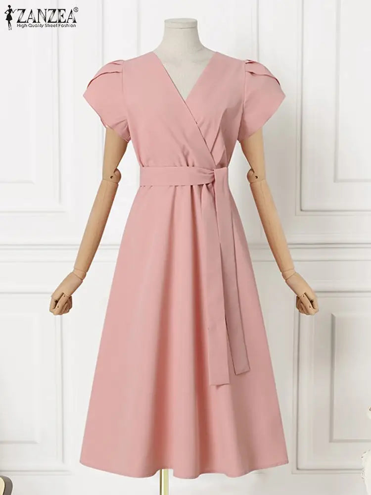 2023 ZANZEA Women Fashion OL Work Mid-calf Vestido Elegant A Line Dress Summer Short Sleeve Sundress Femme Vintage Party Robe