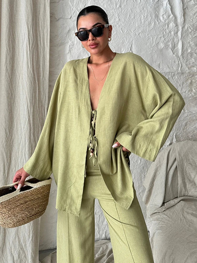 Fashion Cotton Linen Long Pants Set For Women Causal V Neck Beading Lace Up Shirts Solid Wide Leg Pant Suits Lady Street Outfits