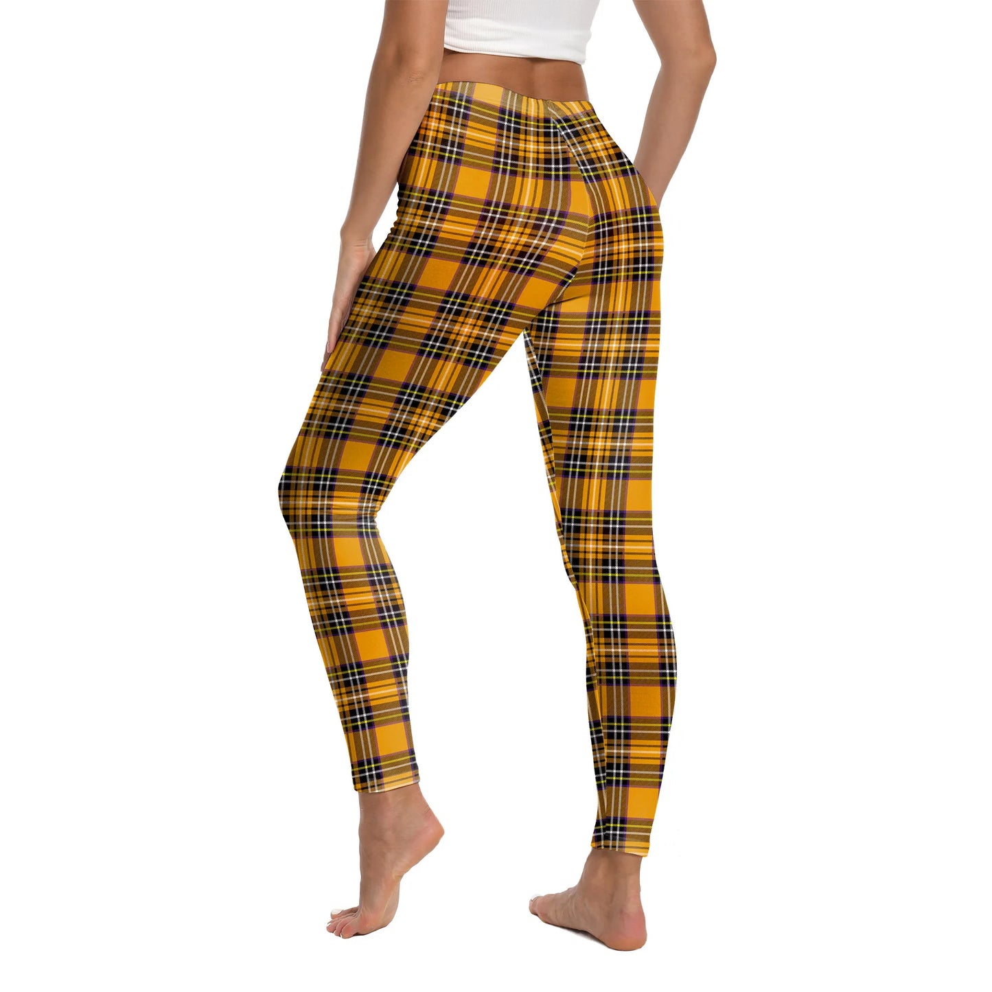 Zawaland Women Pants Yellow Tartan 3D Printing Leggings Halloween Stripe Trousers Female Elastic Tights Mid Waist Long Pants
