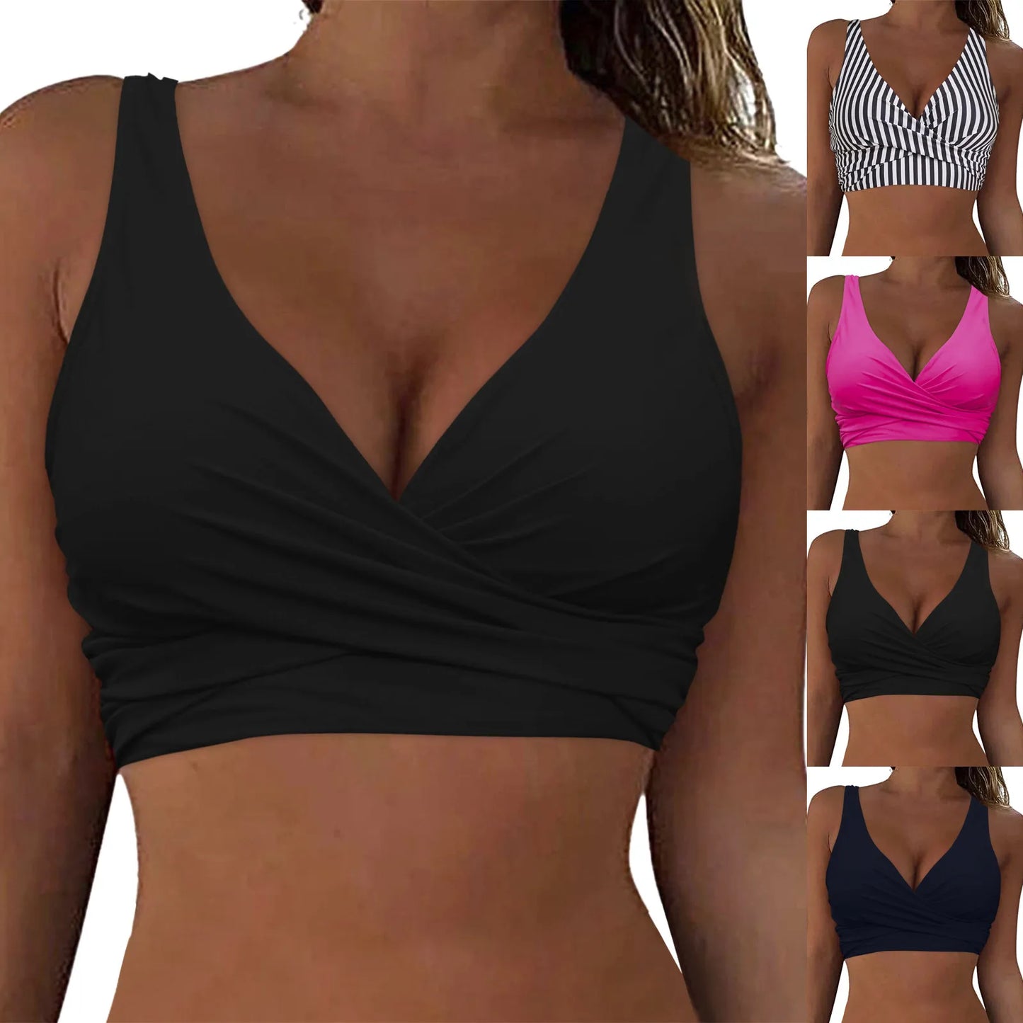 Women's Swimsuit Top Solid Colour Bikini Swimsuit Fashion Gathering Push Up Tankini Swimsuit Sexy Backless Cross Strap Bikini
