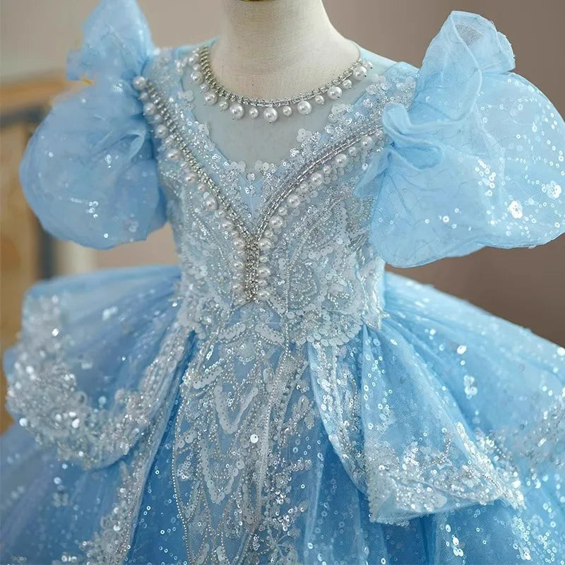 Shiny Baby Flower Girl Dresses Sequins With Pearls Children Princess Prom Birthday Show Kids Gowns