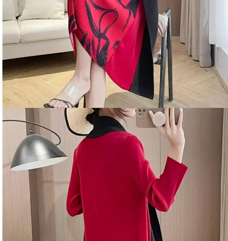 Folded Fake Two Piece Dress 2025 Spring Large Sleeves Round Neck Printed Mom's Dress  Y2k Dress