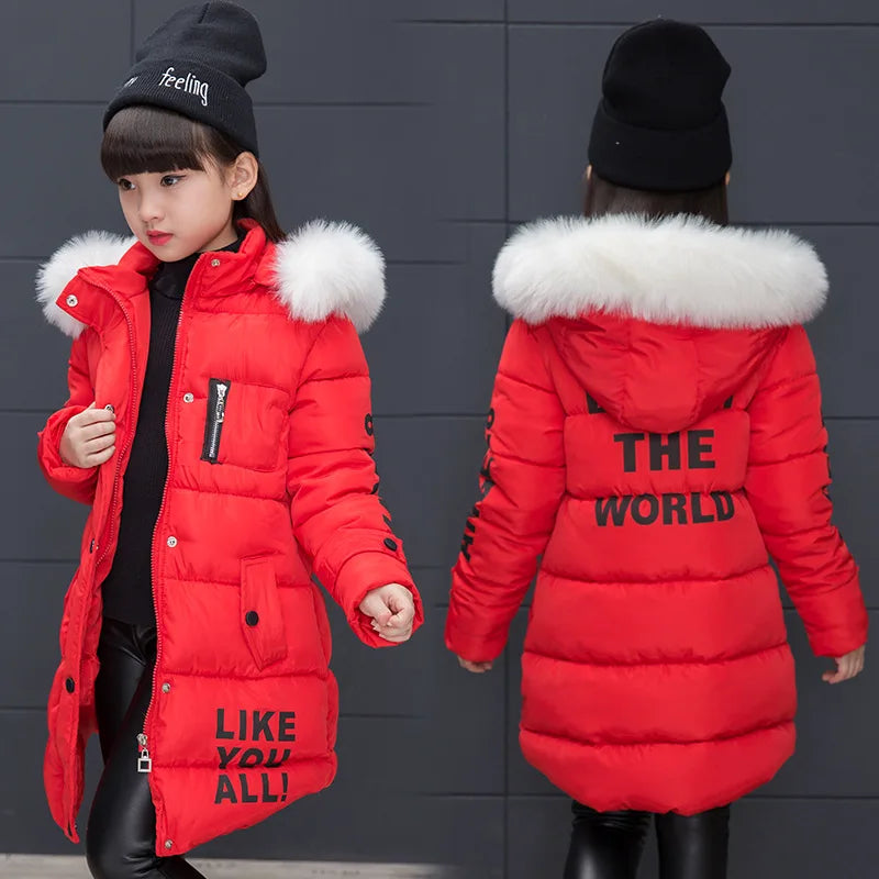 UNITIM 2024 Russian Winter Girls Cotton-padded Jacket Faux Fur Collar Long Kids Girl Parka 4-13 Years Teenagers Outerwear Coat