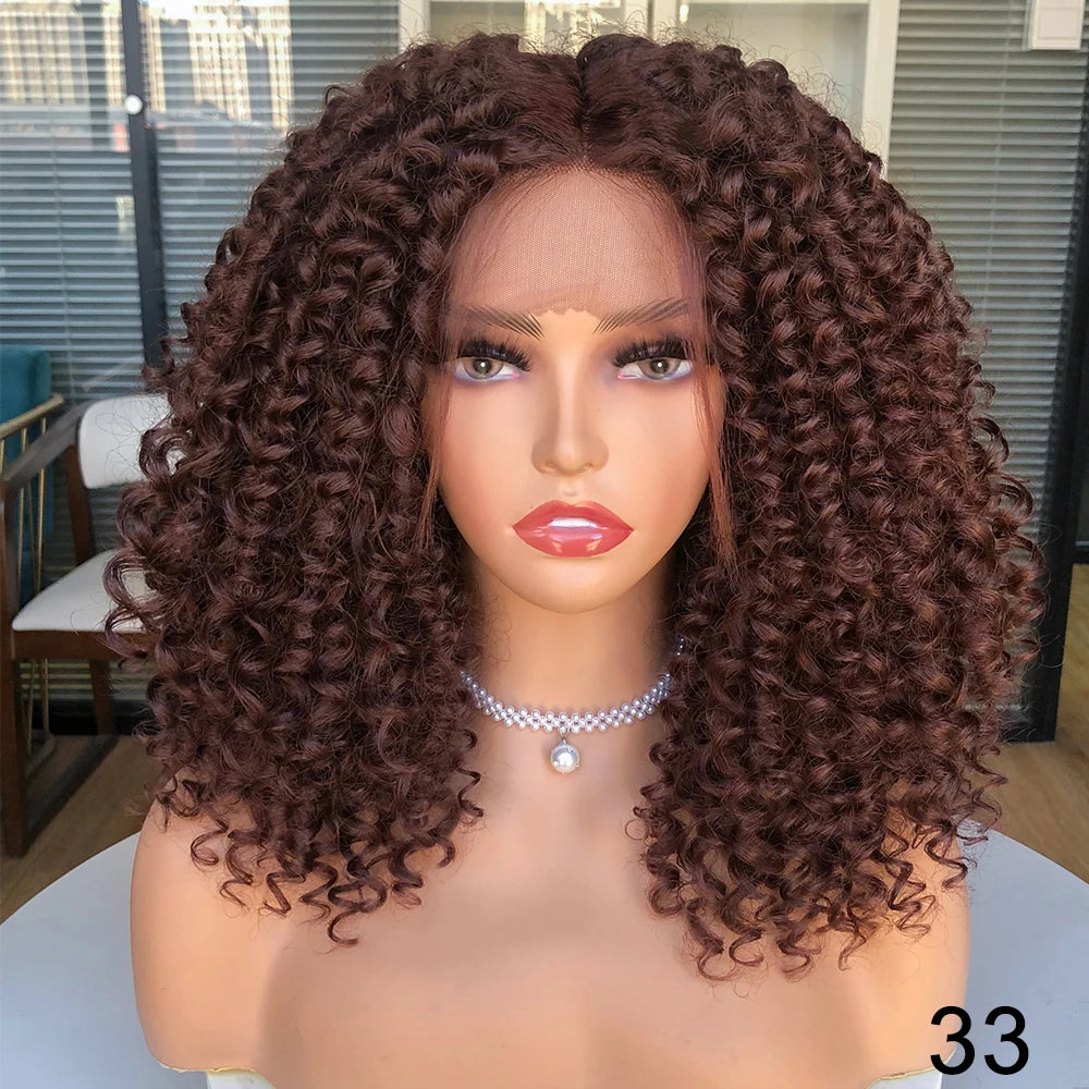 Short Bob Wig Lace Front Wigs for Women Afro Kinky Curly Wigs Ombre Brown Synthetic Middle Nature Hair Black Headgear with Clips