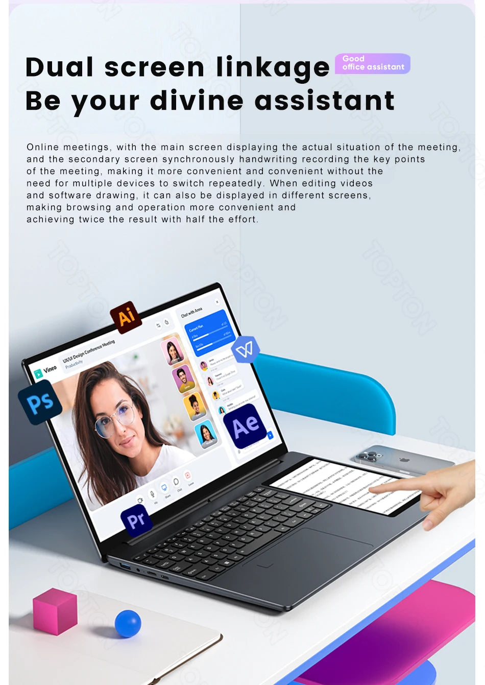 Topton L10 Dual Screen Laptop 15.6 Inch IPS + 7'' Touch 12th Gen Intel N100 Max 32G DDR4 2T SSD Slim Office Notebook PC Computer