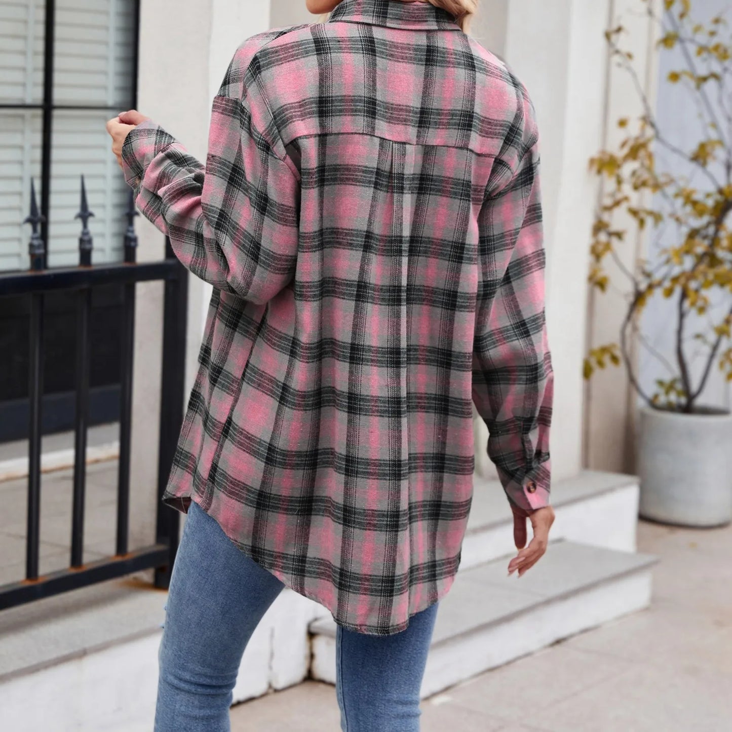 Women V Neck Tee Coat Shirts Lightweight Flannel Plaid Button Down Shirt Oversized Long Sleeve Shirts Youthful Woman Clothes