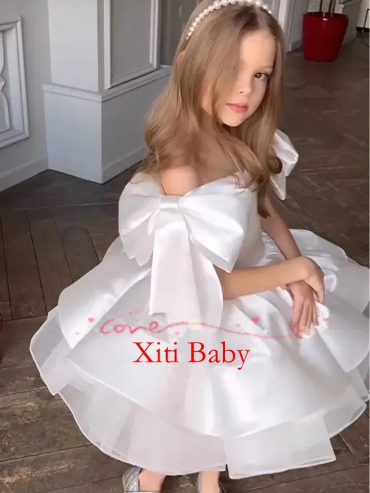 Big Bow Flower Girl Dress with Cape Princess Ball Gown Baby Girl Birthday Party Dresses Glitter First Communion Dress