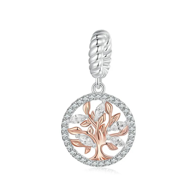 WOSTU 925 Sterling Silver Tree of Life Pendant Plated White Rose Gold Rose Charm Spacer Beads Fit Original Bracelet for Women