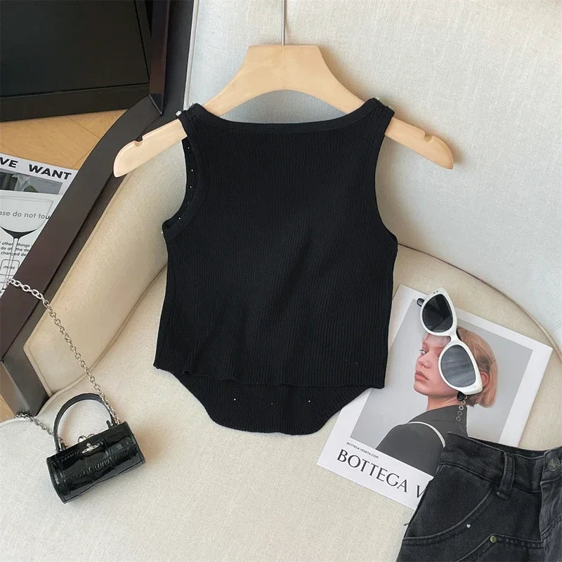2024 New Rhinestone Knitted Tank Top White Crew Neck Sleeveless Tank Top For Summer  Women's Clothing Crop Top Camis