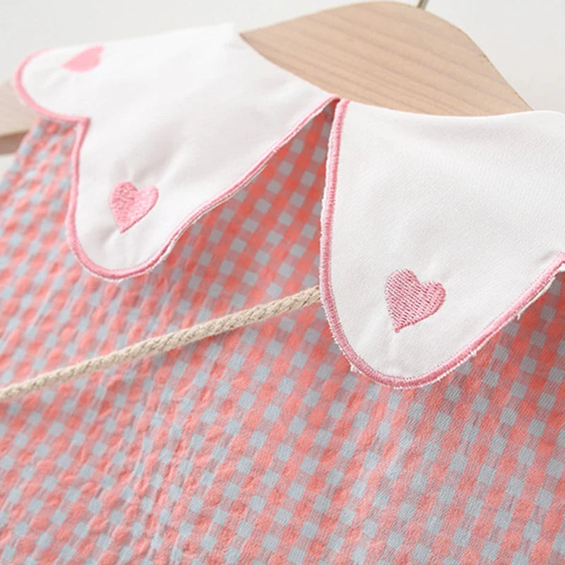 2Pcs/Set Toddler Girl Plaid Dresses Love Lapel Sleeveless Cotton Baby Children Clothes Summer Kids Costume 0 To 3 Years + Bag