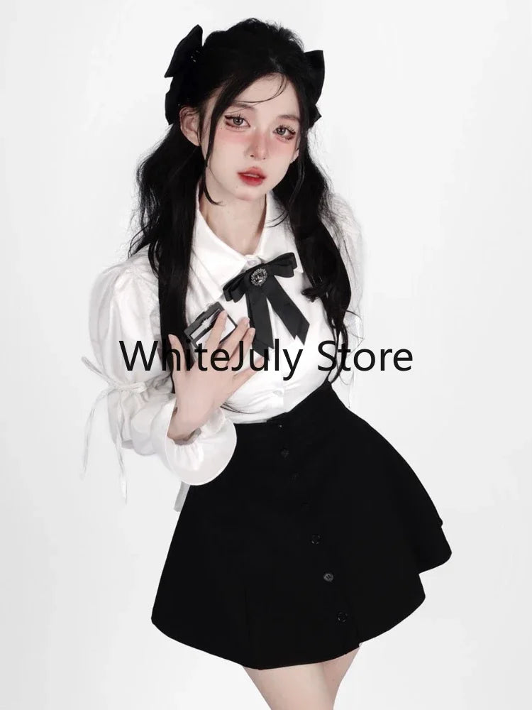 2024 Summer Sweet Two Piece Set for Women Long Sleeve White Shirts + Y2k Mini Dress Female Kawaii Clothing Korean Fashion Suits