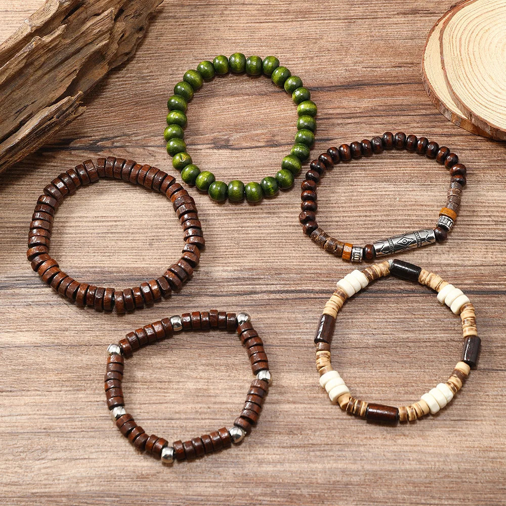 New Vintage Men's Bracelet Shell Coconut Shell Beaded Bracelet Multi Layer Handwoven Wooden Beaded Bracelet Bohemian Accessories