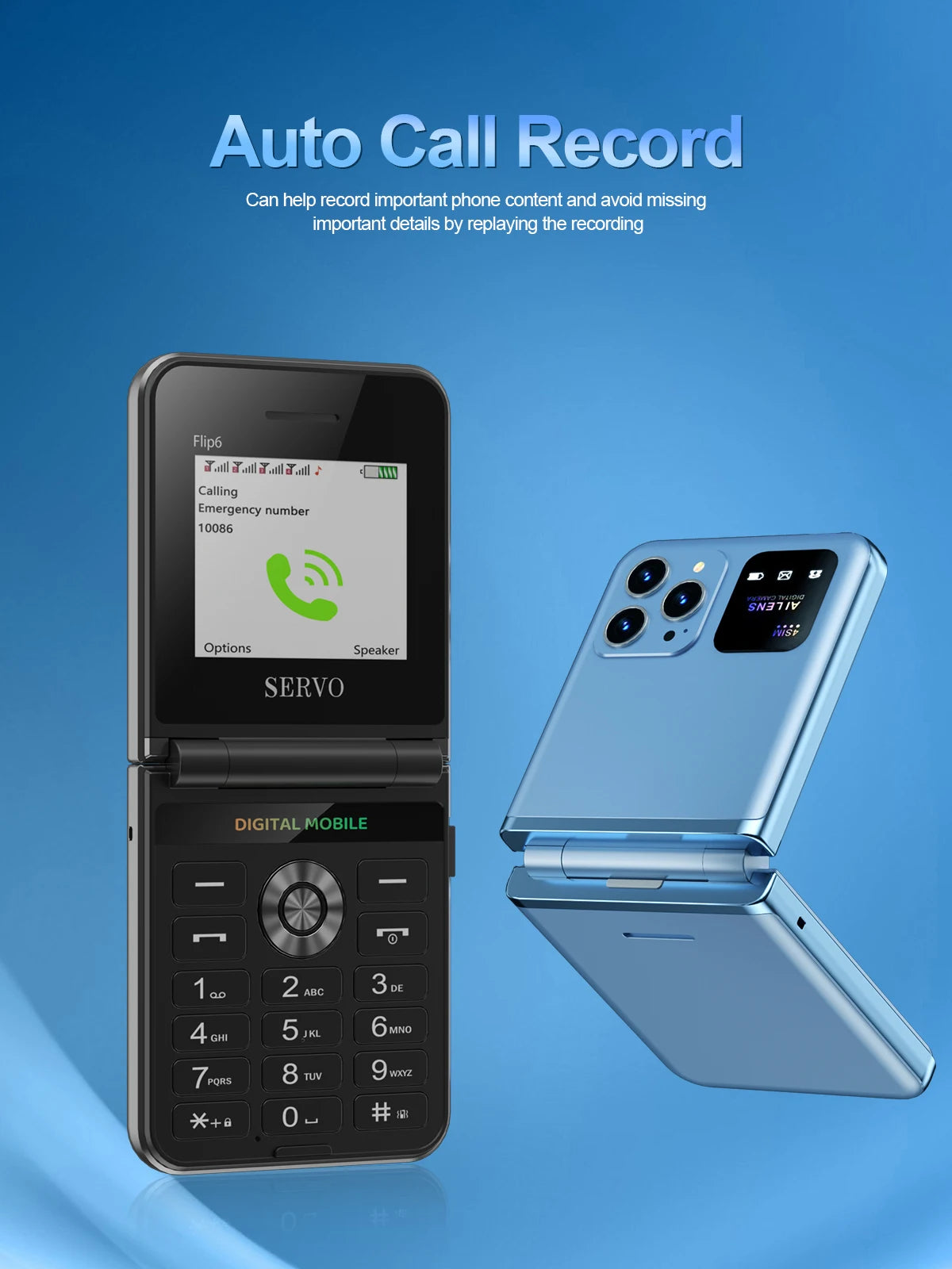 SERVO Flip6 GSM Fold Mobile Phone 4 SIM Card 2.4'' Screen Auto Call Record Button Torch Speed Dial Magic Voice Popular Cellphone