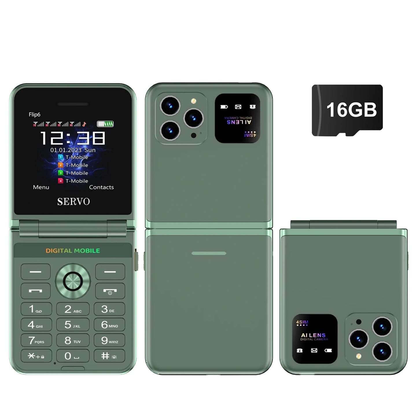 SERVO Flip6 GSM Fold Mobile Phone 4 SIM Card 2.4'' Screen Auto Call Record Button Torch Speed Dial Magic Voice Popular Cellphone