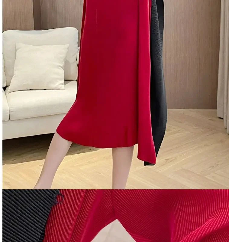 Folded Fake Two Piece Dress 2025 Spring Large Sleeves Round Neck Printed Mom's Dress  Y2k Dress