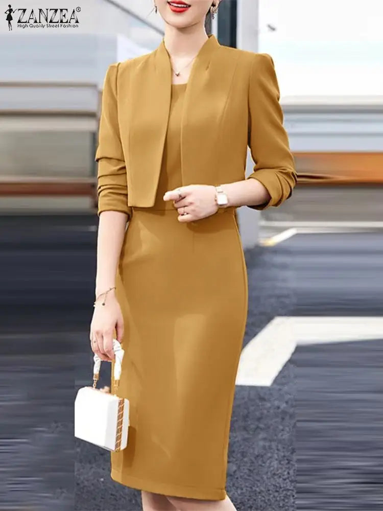 Elegant Spring OL Work Dress Sets 2PCS Women Outfits Long Sleeve Blazer Sundress ZANZEA Fashion Matching Sets Tracksuits