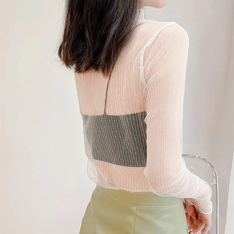 2024New Versatile See Through Top Women Blouse Rhombus Mesh Long Sleeve Sheer Blouse Lace Transparent T-shirt Sexy Female Top