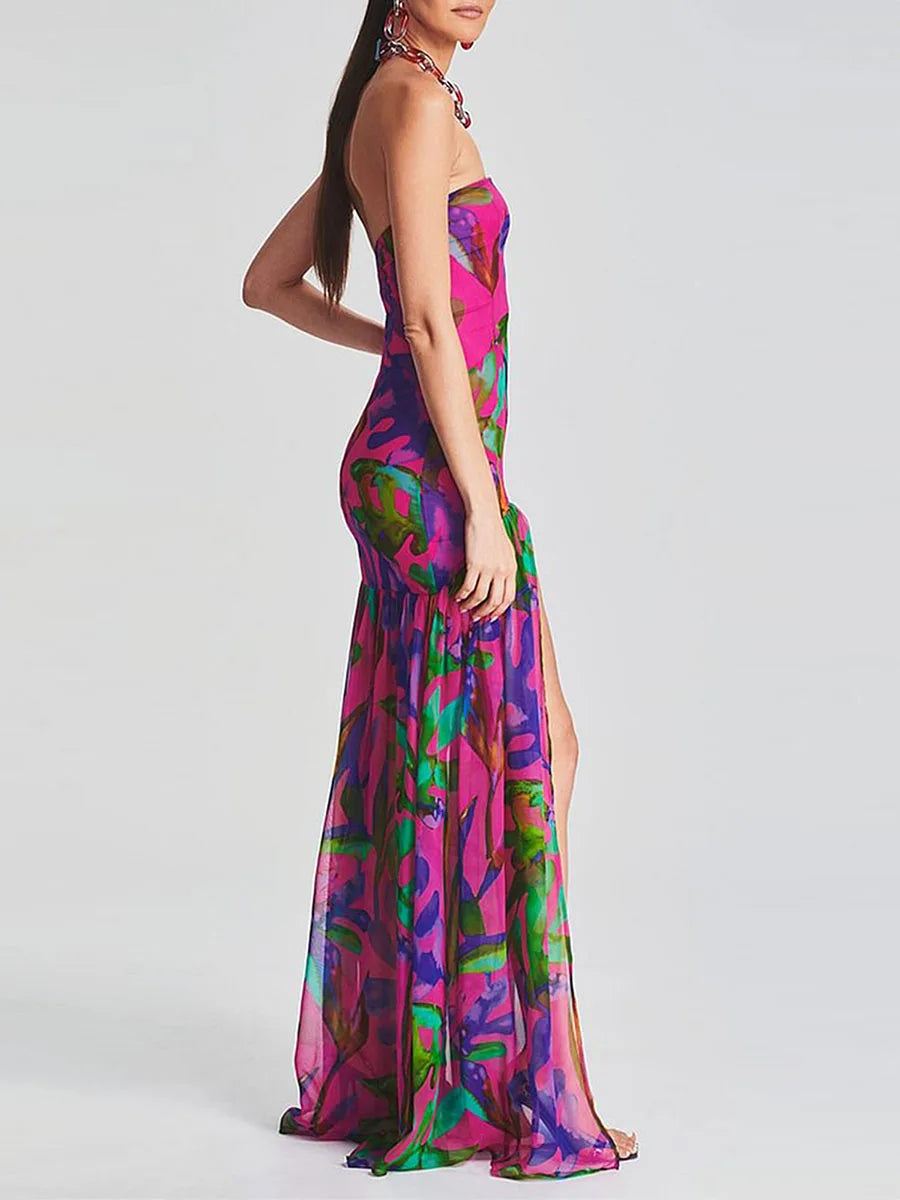 Women’s Tube Top Dress Slim Strapless Backless Mesh Patchwork Tropical Leopard Print High Slit Long Dress for Party Club Night