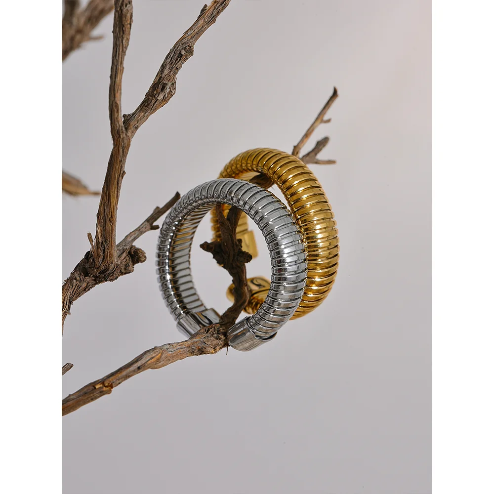 Yhpup Fashion Stainless Steel Round Elastic Open Ring 2023 Minimalist 18K PVD Plated Metal Classic Texture Jewelry Anillo Bijoux