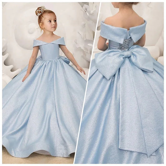 Light Blue Flower Girl Dresses Simple Bow Elegant Princess Satin Ball Gown For Kids Birthday Party First Communion Dress