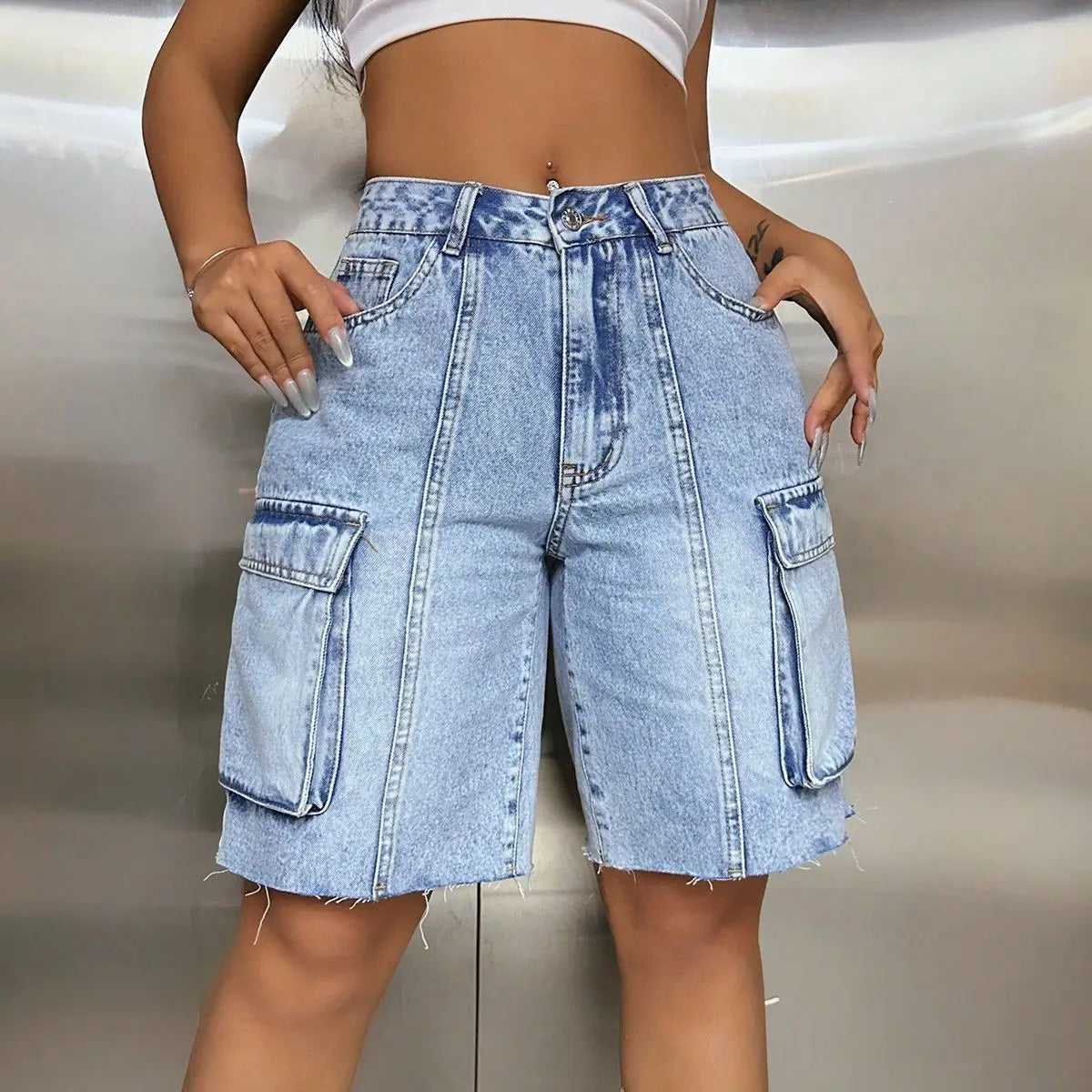 Women's High Waist Big Pocket Loose Tooling Denim Shorts Baggy Jeans Women
