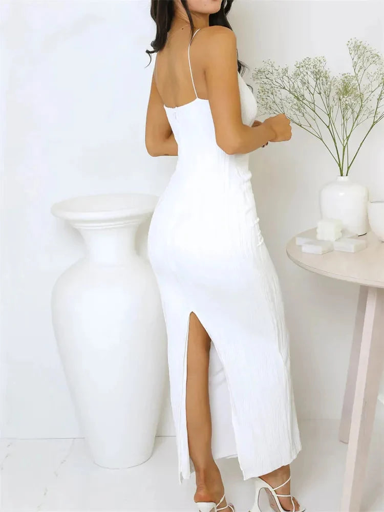 Women's Long Ruched Dress Sleeveless Slim Monochromatic Party Back Split Clubwear Female Outfits Summer Sexy 2024