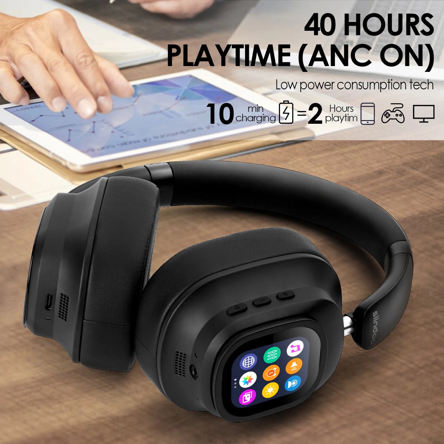 Siindoo JH-ANC930Plus Hybrid Wireless Headphone, Active Noise Cancelling Headphones With Multi Magnetic Touch Control LED Screen