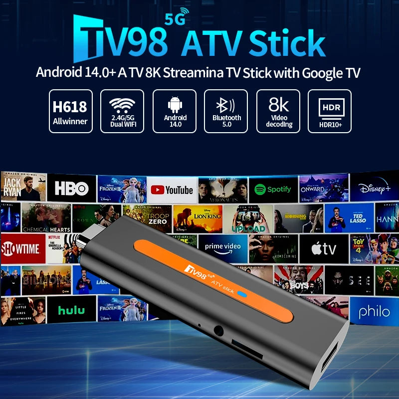 8K ATV Smart TV Stick Support Android 14 Video 4K BT5.0 WiFi 6 Allwinner H618 Quad Core Cortex A53 Voice Remote Smart TV Box
