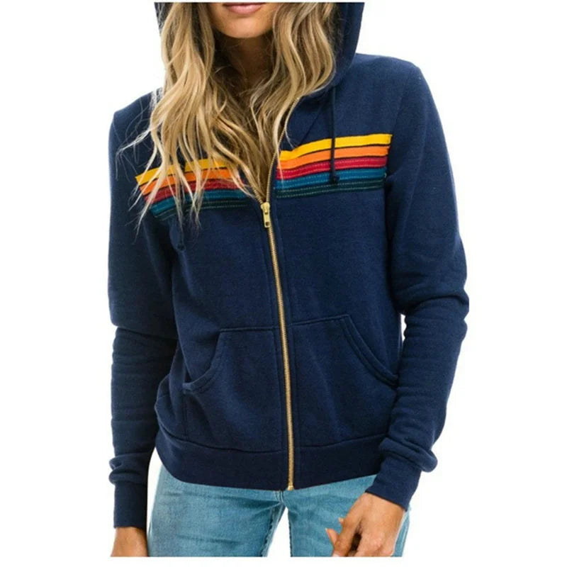 2024 Aviator Nation Women Men Zipper Rainbow Long Sleeve Hooded Sweatershirt Harajuku Elastic Hip Hop 5 Stripe Hoodies Jacket