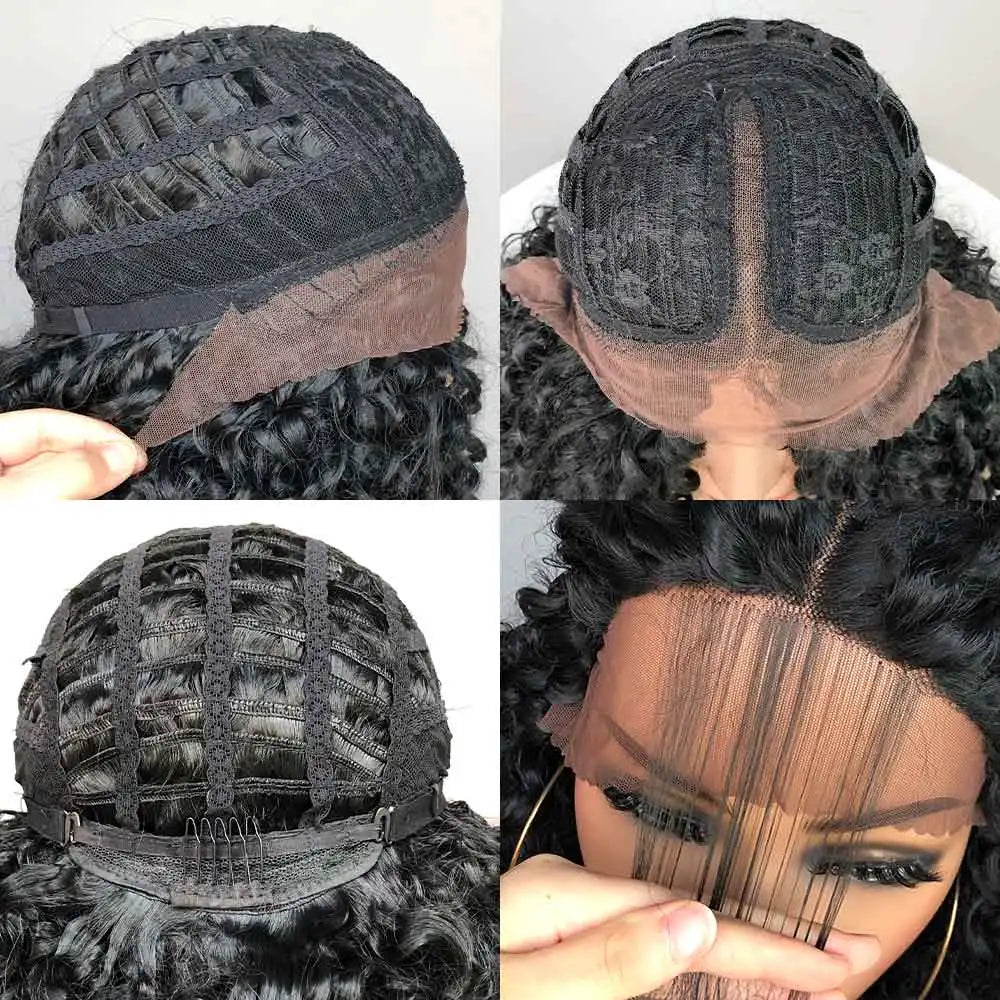 Short Bob Wig Lace Front Wigs for Women Afro Kinky Curly Wigs Ombre Brown Synthetic Middle Nature Hair Black Headgear with Clips