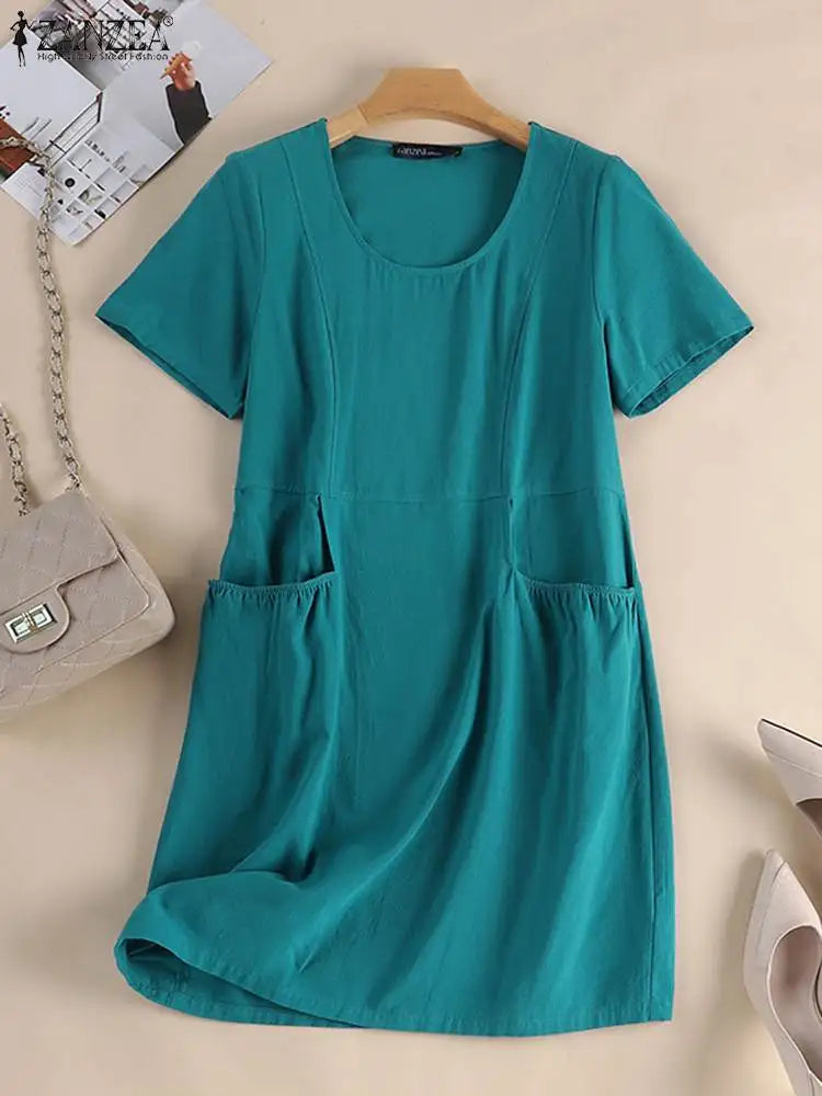 2023 ZANZEA Women Summer Dress O Neck Short Sleeve Robe Vintage Solid Work Dresses Holiday Vestidos Causal Knee Length Sundress