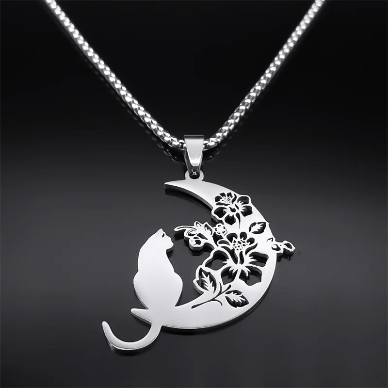 Aesthetic Cat Flower Moon Crescent Necklace for Women Men Stainless Steel Silver Color Bohemia Chain Gift Jewelry collar 3220