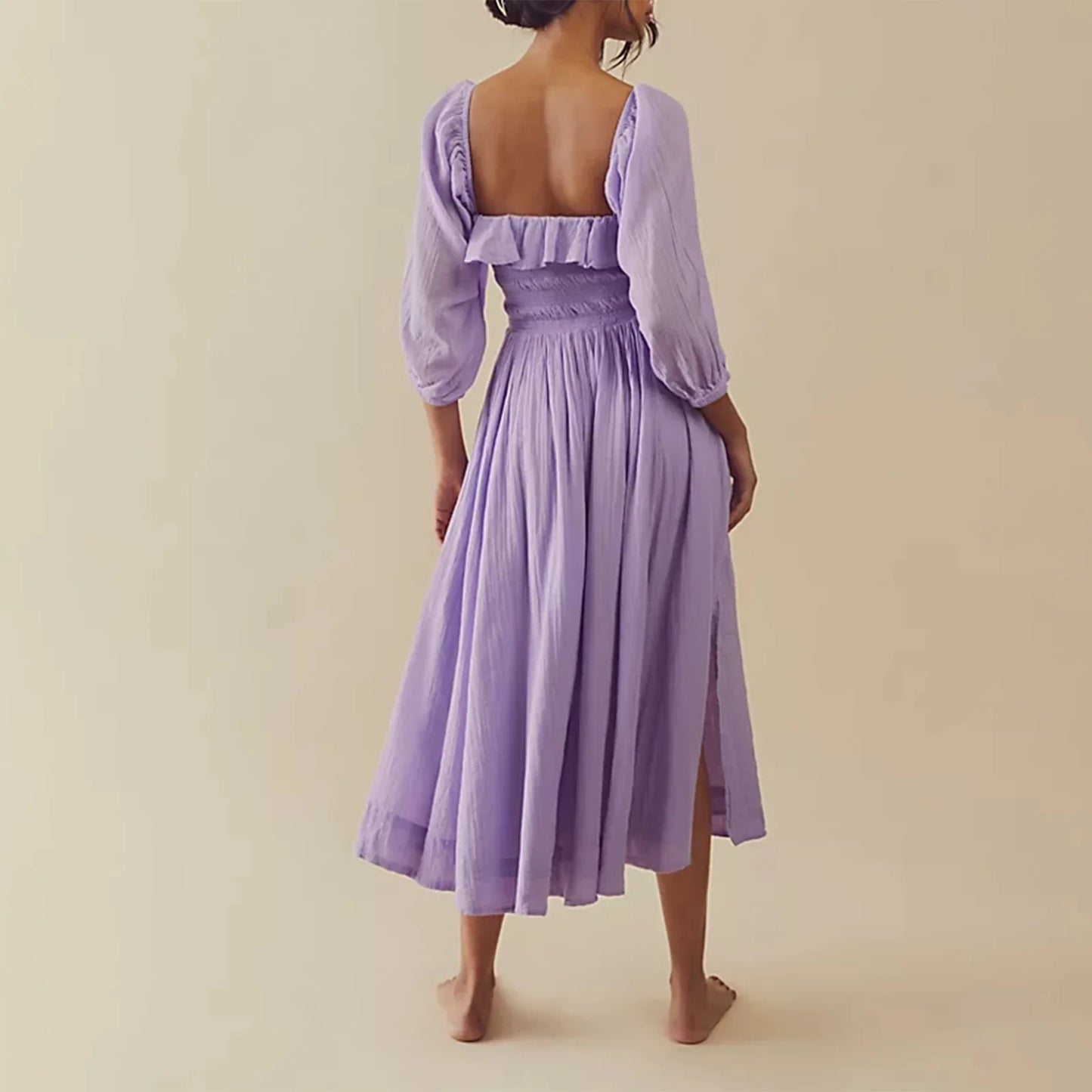 Women's Midi Dress Flowy Silhouette Ruffled Necklin High Split Dress with a Smocked Adjustable Tie at Bustline Fairycore Dresses