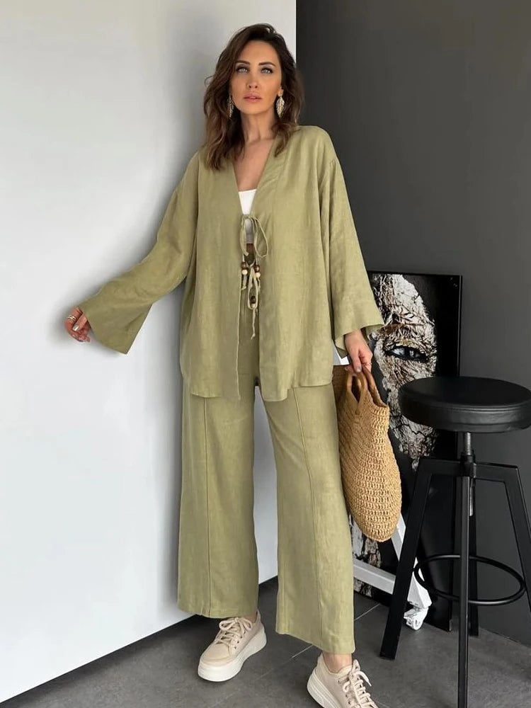 Fashion Cotton Linen Long Pants Set For Women Causal V Neck Beading Lace Up Shirts Solid Wide Leg Pant Suits Lady Street Outfits