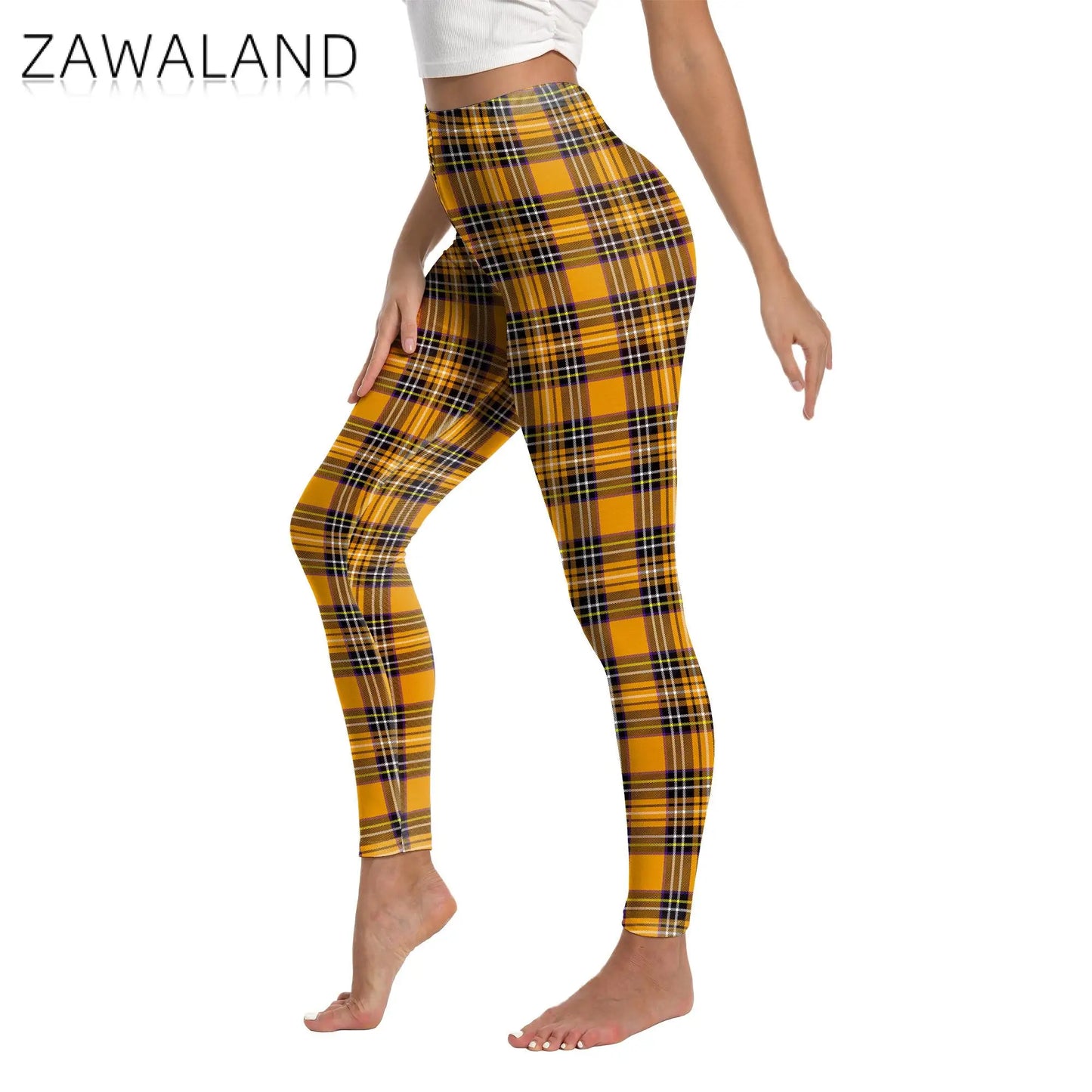 Zawaland Women Pants Yellow Tartan 3D Printing Leggings Halloween Stripe Trousers Female Elastic Tights Mid Waist Long Pants