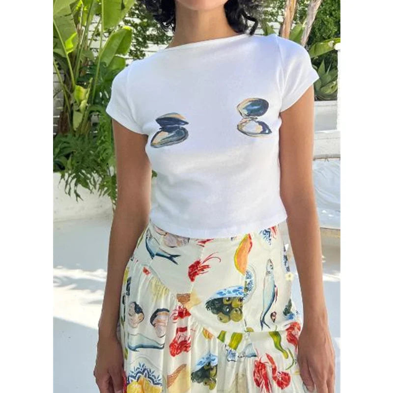 Xingqing 2000s Crop Top y2k Kawaii Clothes Women Solid Color/Pattern Print Round Neck Short Sleeve T Shirt Aesthetic Clothing