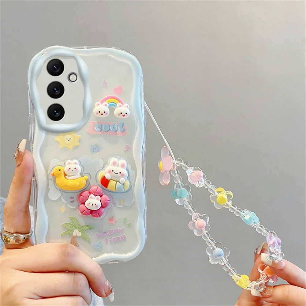Kuromi Rabbit Phone Case For Samsung Galaxy A10S A71 A72 A73 F04 F12 F54 M04 M12 M22 M32 M54 5G Flowers Wrist Strap Curly Cover