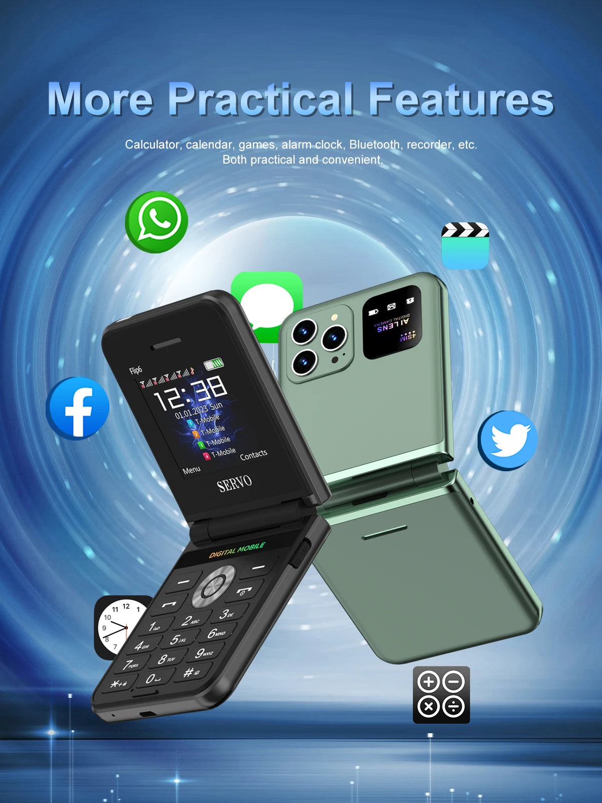 SERVO Flip6 GSM Fold Mobile Phone 4 SIM Card 2.4'' Screen Auto Call Record Button Torch Speed Dial Magic Voice Popular Cellphone