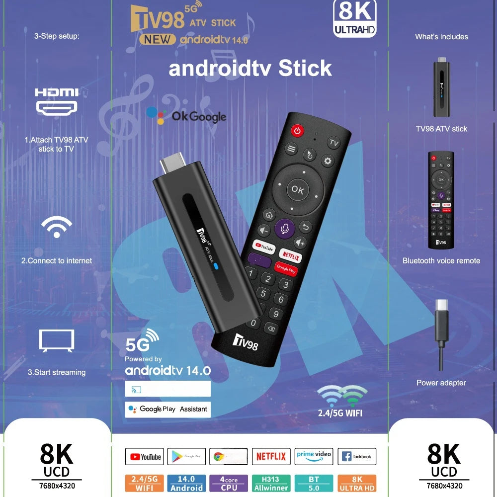 TV98 ATV 8K Smart TV Stick Android 14 ATV Allwinner H313 2.4G 5G Wifi Support OTA 4K Player BT5.0 2GB 16GB Voice remote TV Box