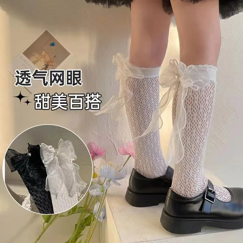 Summer Thin Lace Mesh JK Lolita Frilly Stockings Cute Mother Kids Ruffle White Black Knee High Long Socks for Girls Children