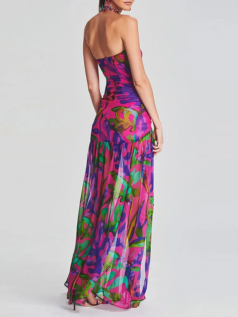 Women’s Tube Top Dress Slim Strapless Backless Mesh Patchwork Tropical Leopard Print High Slit Long Dress for Party Club Night