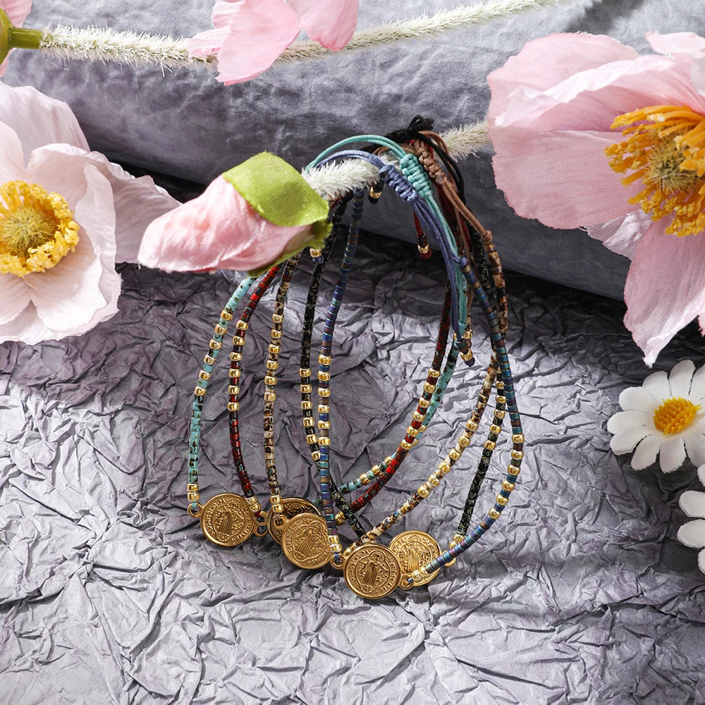 ZMZY Ancient Coin Saint Benedict Rosary Bracelet Glass Beads Strand Rope Catholic Religous Jewelry For Men Women