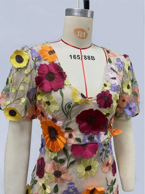 Brand Design Summer Holiday 3D Flower Sexy Embroidered Prom Dress Party Women Short Sleeve V Neck Mini Vestidos Lace Tulle Robe