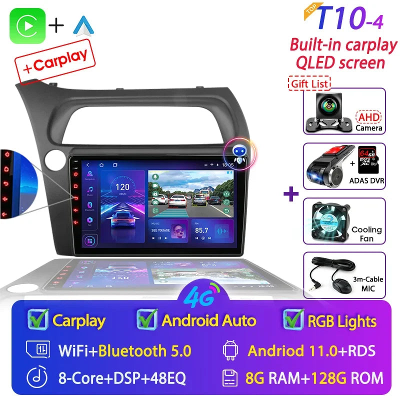 For Honda Civic Hatchback 2006-2011 Android 12 Car Radio Multimedia Video Navigation 2 Din Stereo DVD Head Unit Speaker Carplay