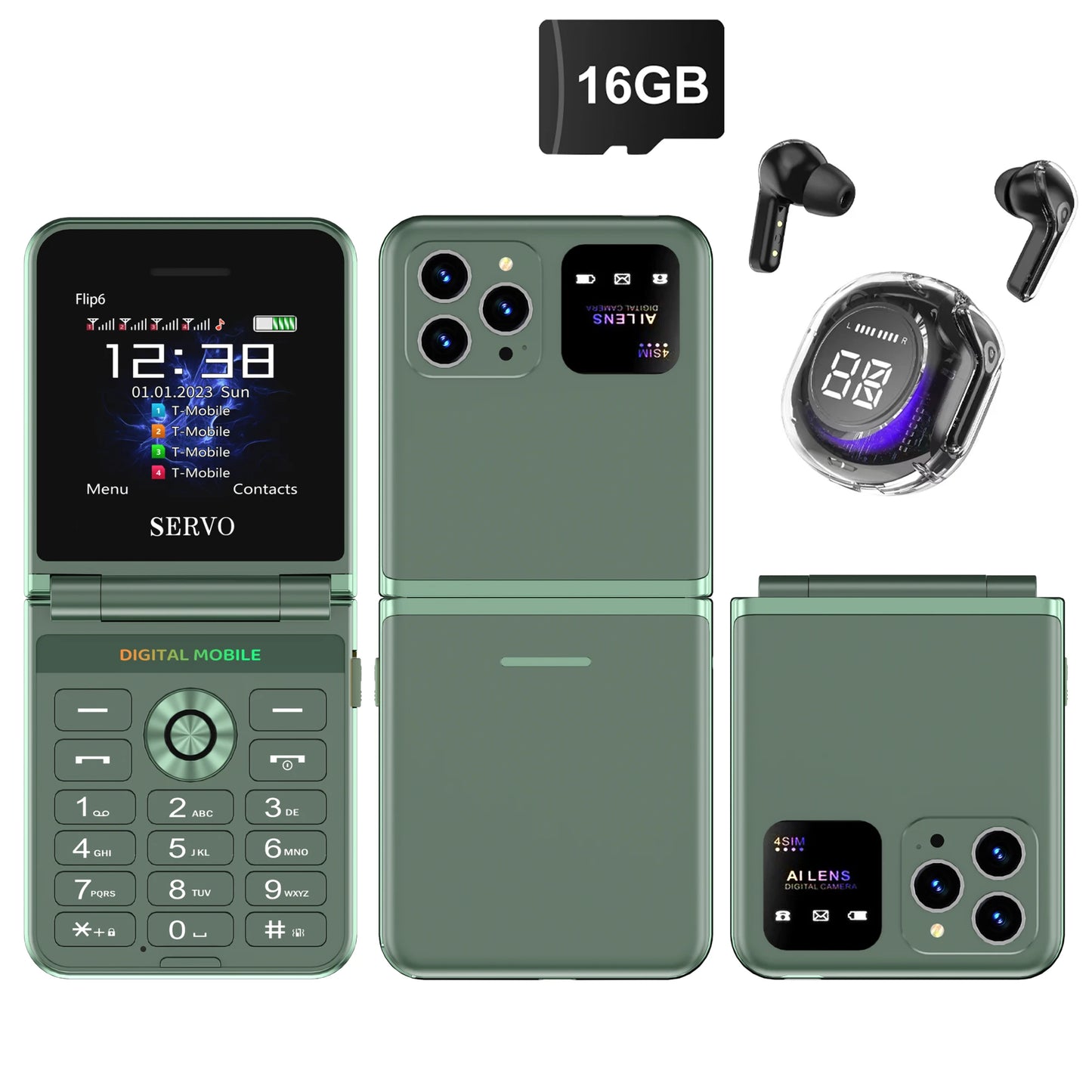 SERVO Flip6 GSM Fold Mobile Phone 4 SIM Card 2.4'' Screen Auto Call Record Button Torch Speed Dial Magic Voice Popular Cellphone