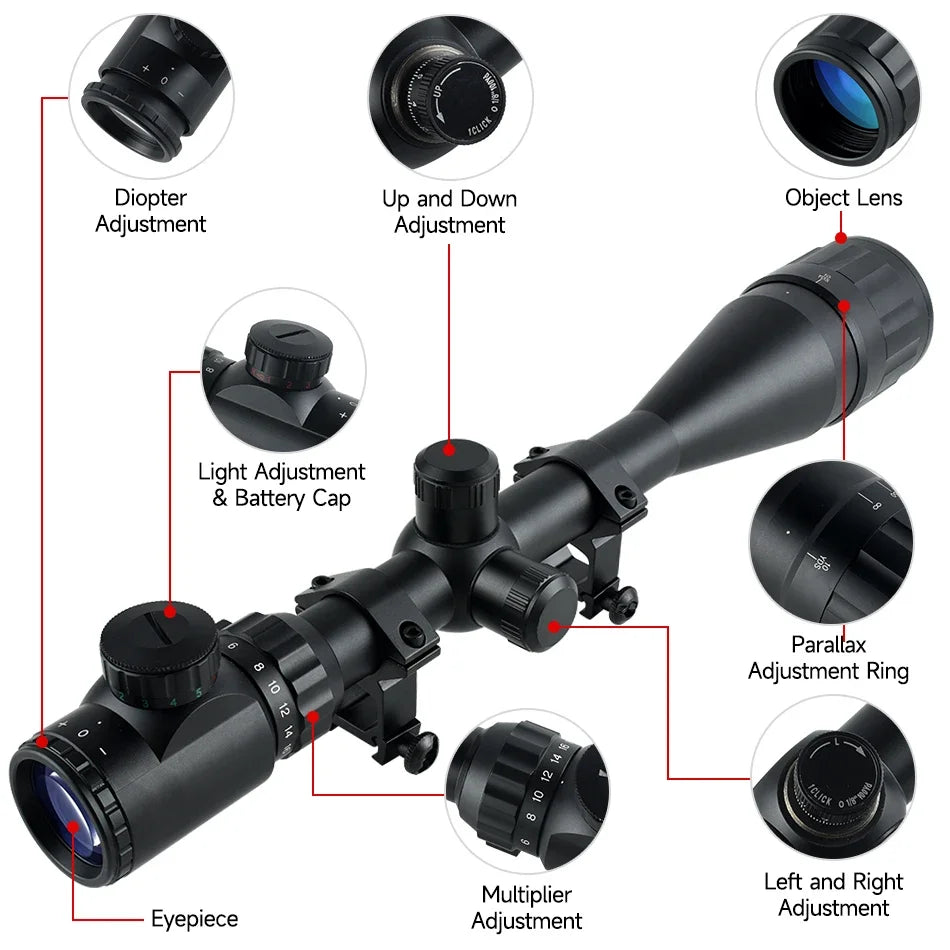 Tactical 6-24x50 AOEG Optical Sight Long Range Rifle Scope with Red Green Dot Laser Combo Riflescope Hunting Airsoft Scopes