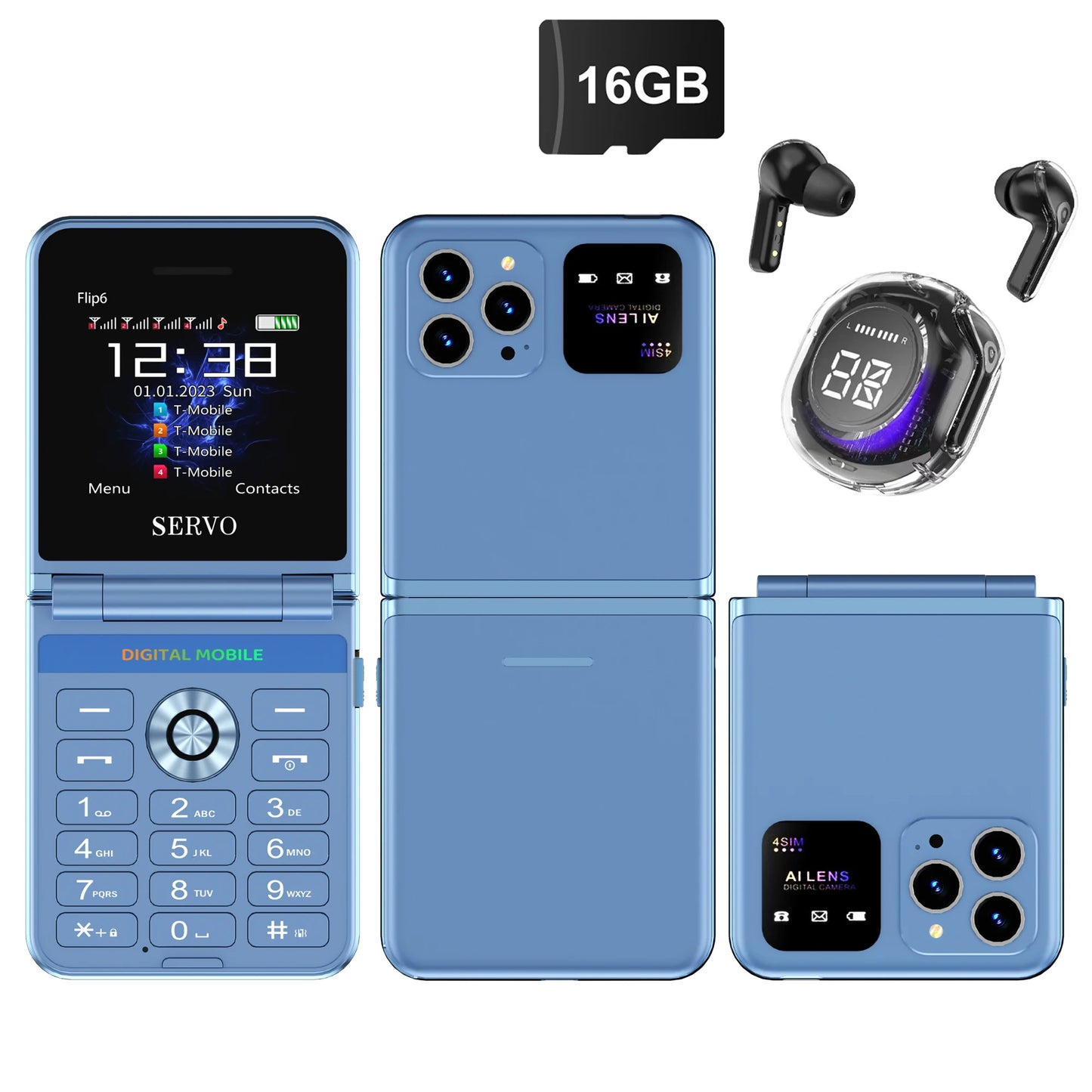 SERVO Flip6 GSM Fold Mobile Phone 4 SIM Card 2.4'' Screen Auto Call Record Button Torch Speed Dial Magic Voice Popular Cellphone