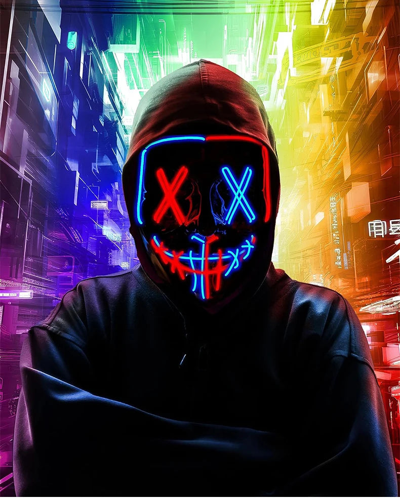 LED Dual Color Glowing Masks Halloween Letter V Horror Mask Role-Playing Carnival Cold Light Mask