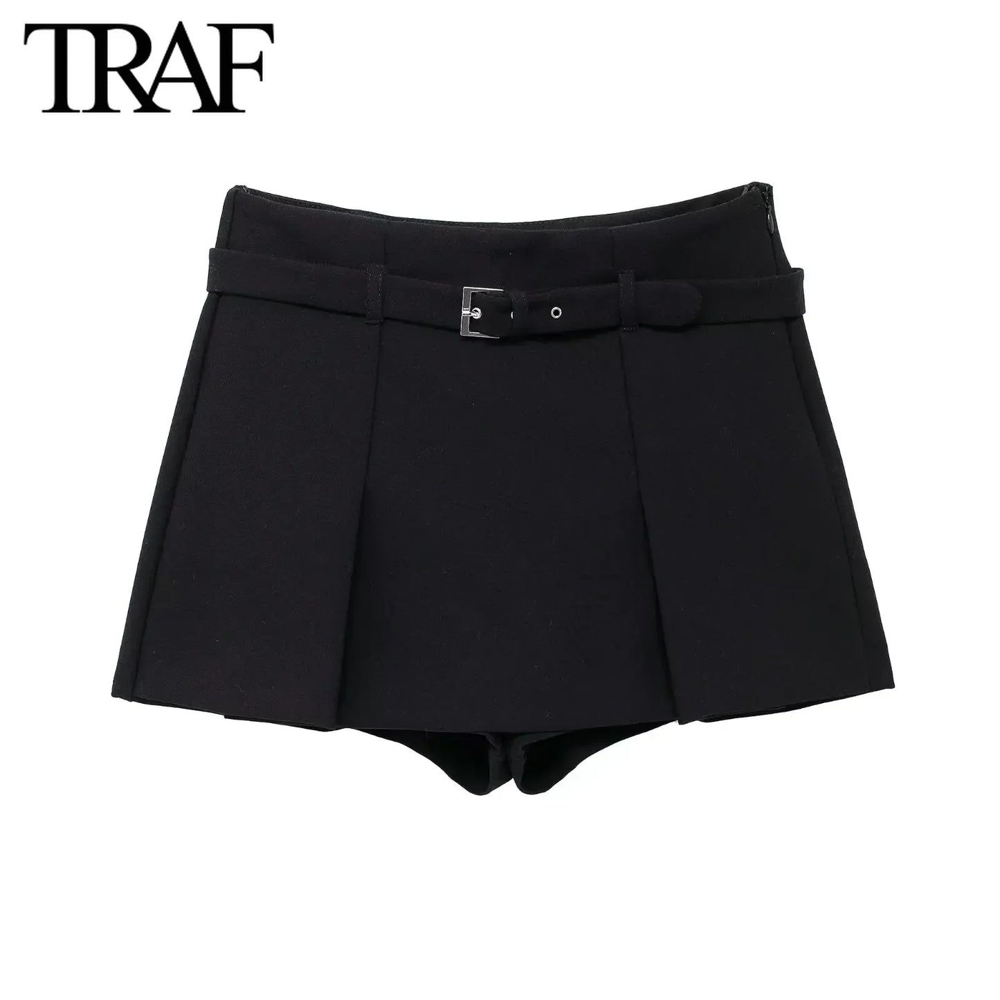 TRAF Women Fashion Summer New White Solid Color Casual Belt Side Zip Mini Culotte High Waisted A Line Wide-leg Shorts Skirt Pant